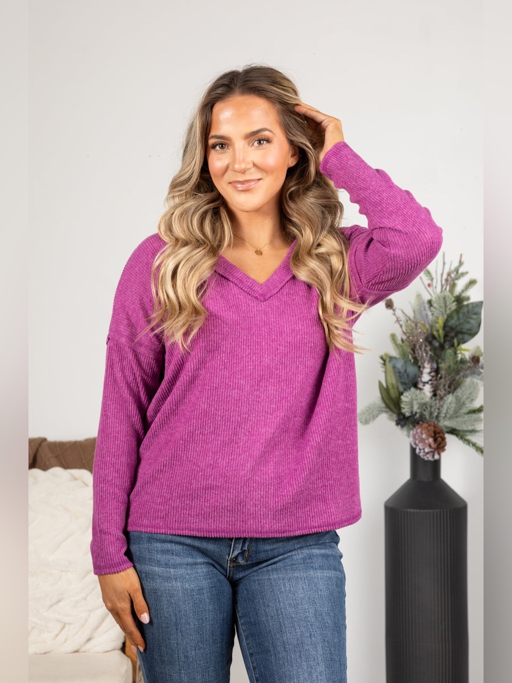Zenana Outfitters V-Neck Ribbed Sweater in Fuchsia